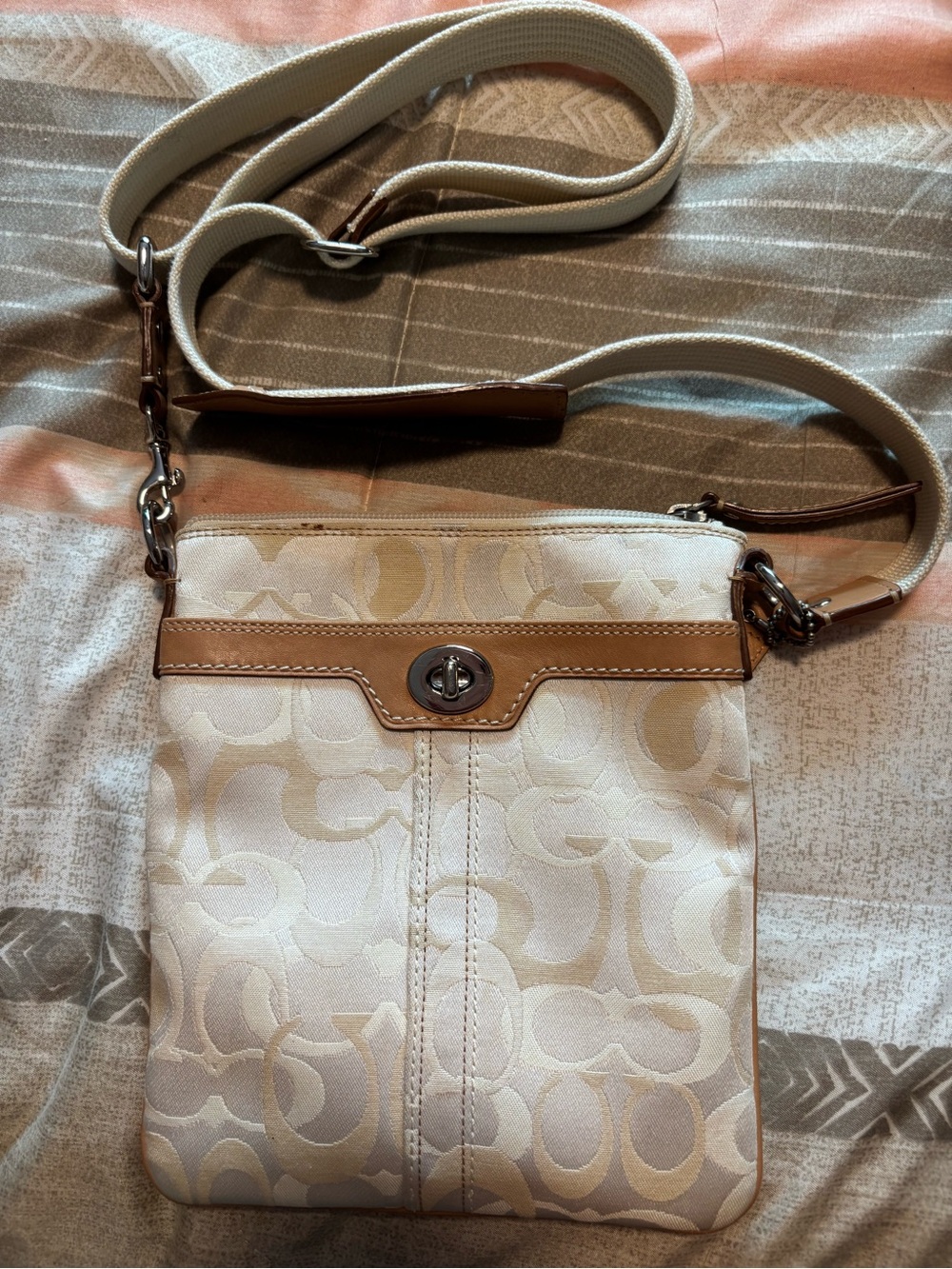 Coach 8.5" by 7.5" Cream and Tan Crossbody Bag with Signature Jacquard Pattern